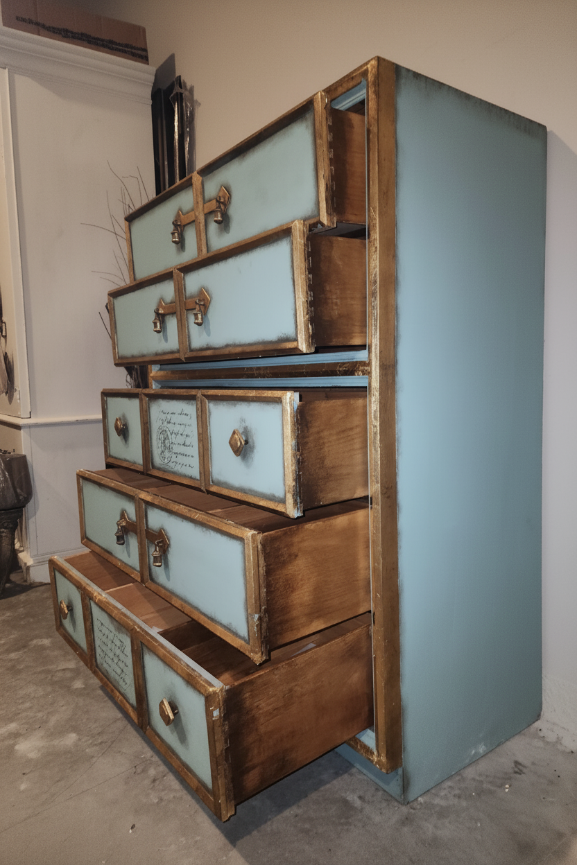 Antique blue dresser with open drawers in luxury interior setting