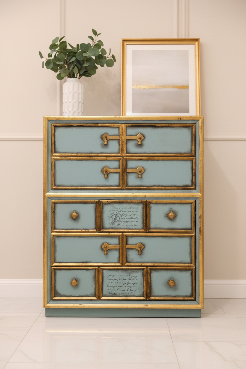 Antique blue dresser styled with greenery and gold framed art