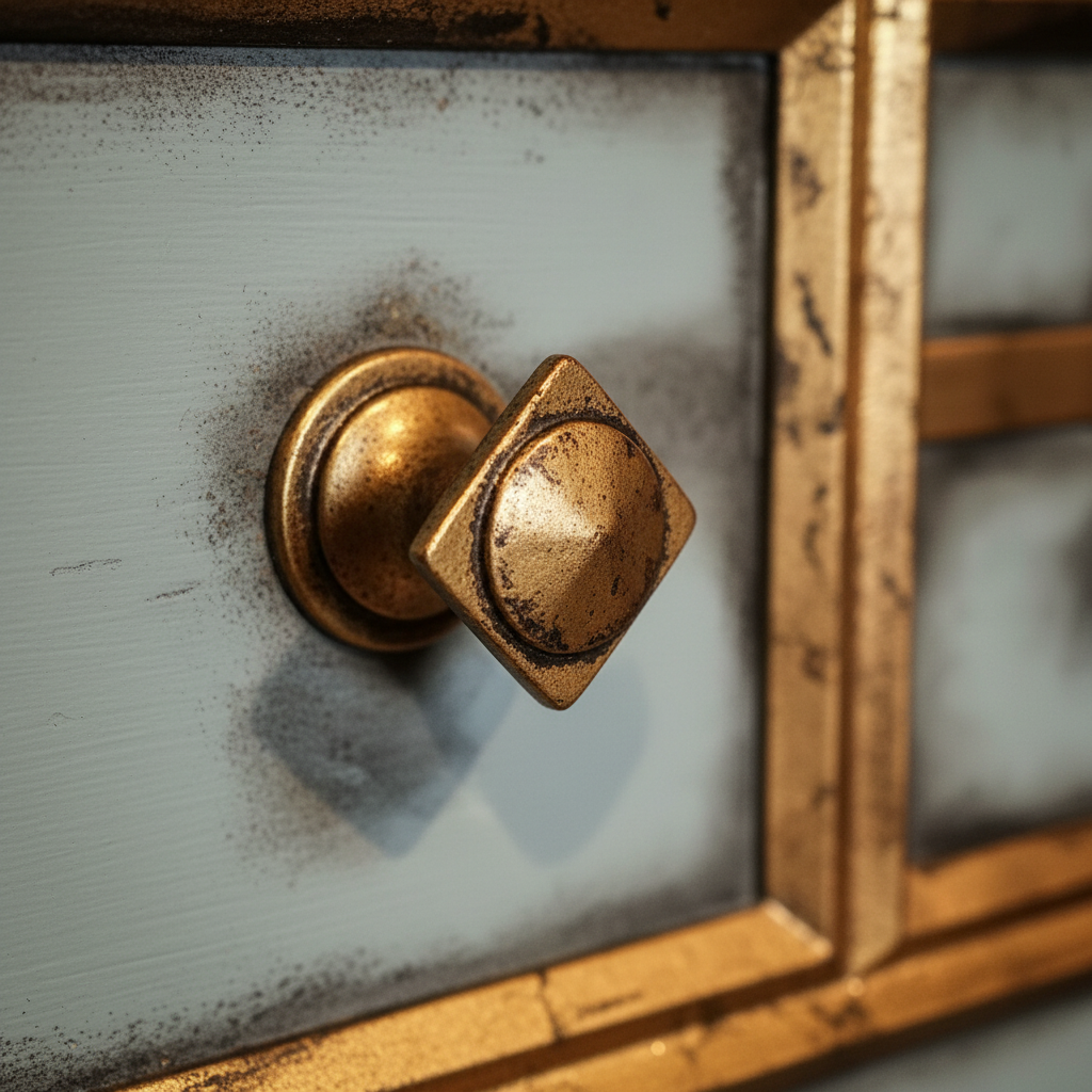 Ornate antique brass diamond hardware detail on antique blue dresser